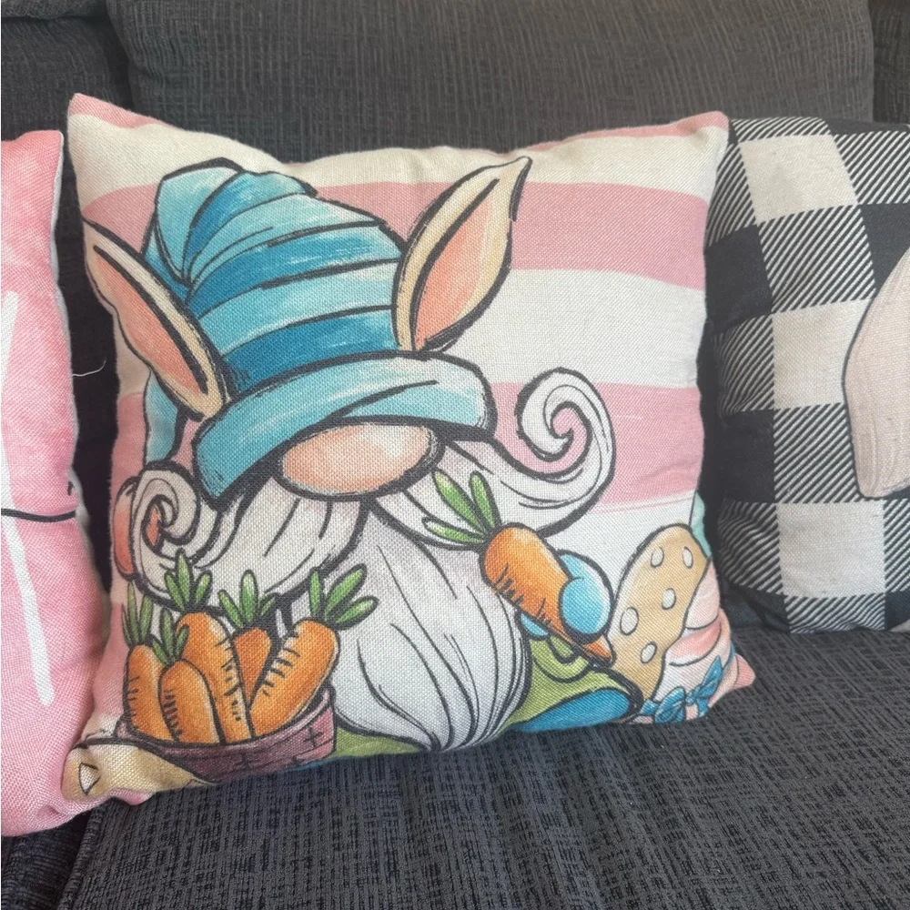 Easter Gnome & Bunny Decorative Throw Pillow cover Set - Pink, Blue, Gray
